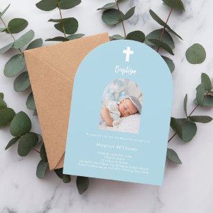 Light blue baby boy photo arch Baptism Invitation