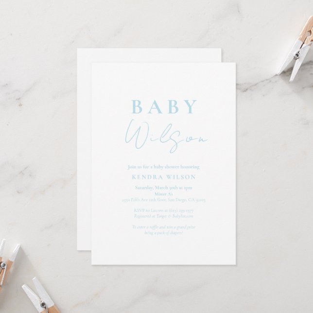 Light Blue Baby Boy Simple Baby Shower Invitation (Front/Back In Situ)