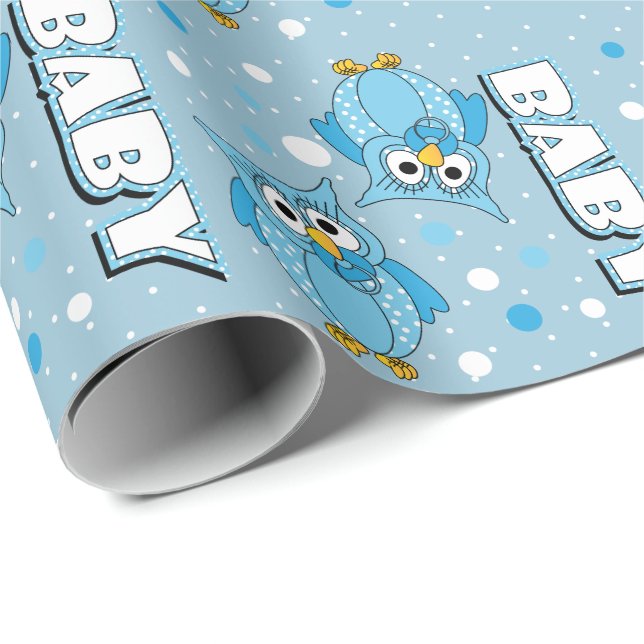 Light Blue Baby Polka Dot Owls Wrapping Paper (Roll Corner)