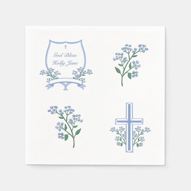 Light Blue Baptism First Communion Floral Crest Napkin (Front)
