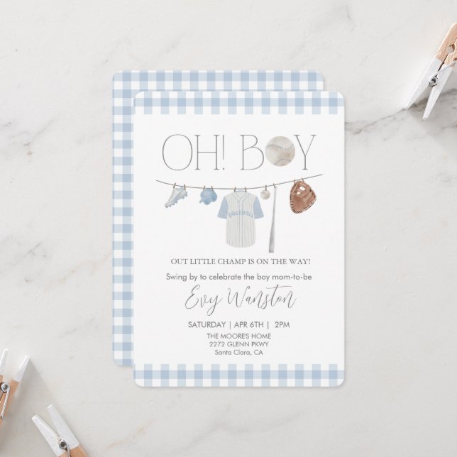 light blue baseball Oh, boy baby shower invitation (Front/Back In Situ)