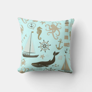 Light Blue Beach Ocean Seahorse Anchor Cushion