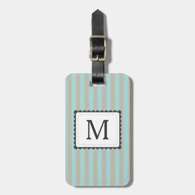Light Blue & Beige Stripes Custom Monogram Luggage Tag (Front Vertical)