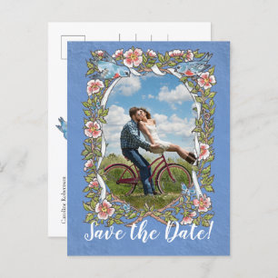 Light Blue Bird Floral Photo Wedding Save Date  Announcement Postcard