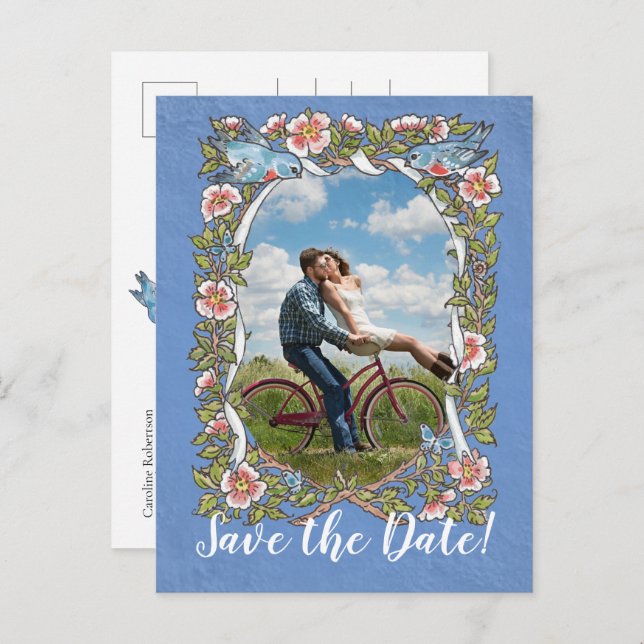 Light Blue Bird Floral Photo Wedding Save Date  Announcement Postcard (Front/Back)