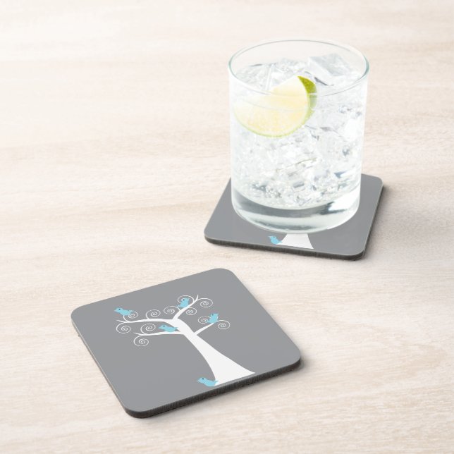 Light Blue Birds on Whimsical White Swirl Tree Coaster (Right Side)