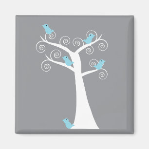 Light Blue Birds on Whimsical White Swirl Tree  Magnet