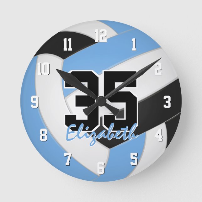 light blue black boy girl personalised volleyball round clock (Front)