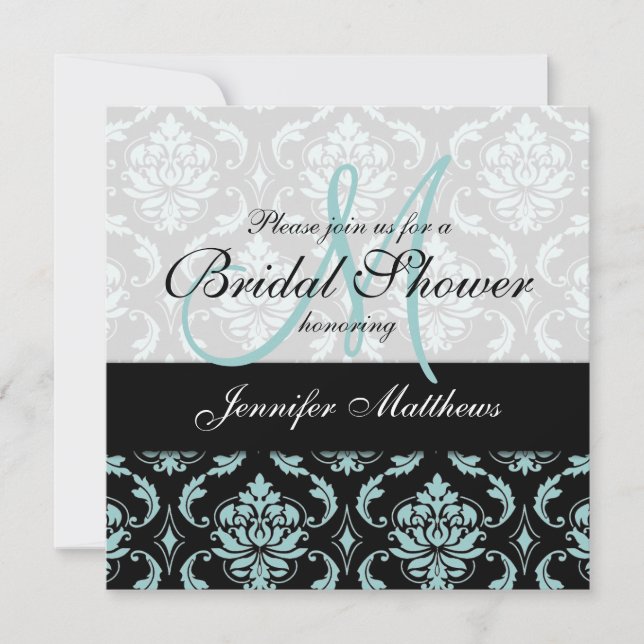Light Blue Black Damask Bridal Shower Invitation (Front)