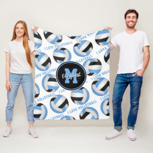 light blue black I love volleyball text pattern Fleece Blanket