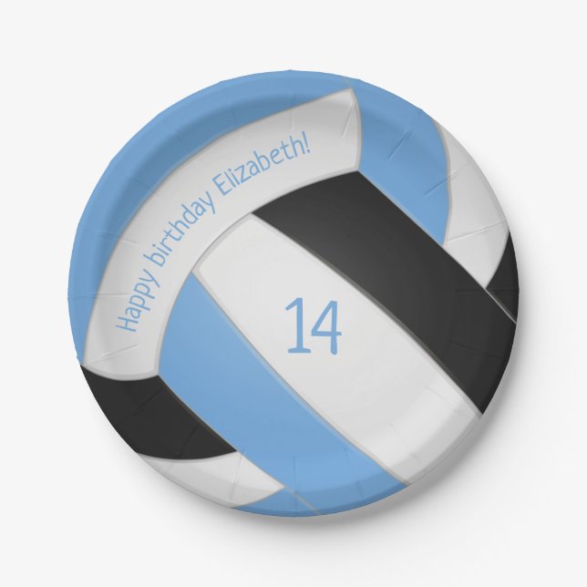 Light blue black kids volleyball party paper plate (Front)