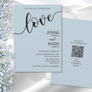 Light Blue Black Love Script Minimalist Wedding Invitation