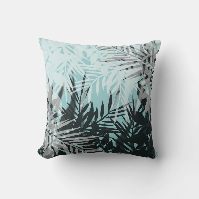Light blue black tropical pattern cushion (Front)