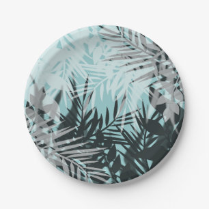 Light blue black tropical pattern paper plate