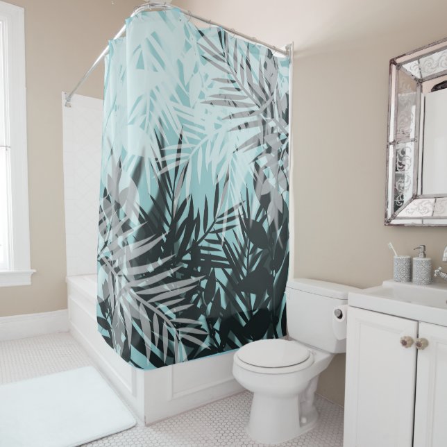Light blue black tropical pattern shower curtain (In Situ)