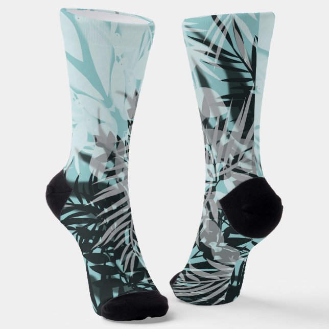 Light blue black tropical pattern  socks (Angled)