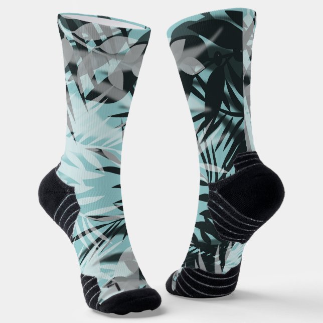 Light blue black tropical pattern  socks (Angled)