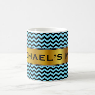 Light Blue & Black Wave Pattern + Custom Name Mug