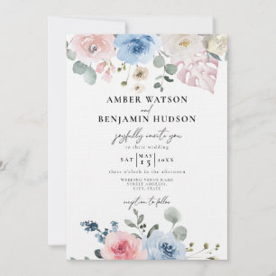 Light Blue Blush Pink Tropical Beach Wedding Invitation