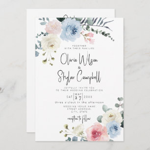 Light Blue Blush Tropical QR All In One Wedding Invitation