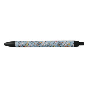 Light Blue Boho Chic Watercolor Floral Black Ink Pen