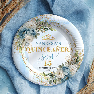 Light Blue Boho Floral Eucalyptus Gold Glitter  Paper Plate