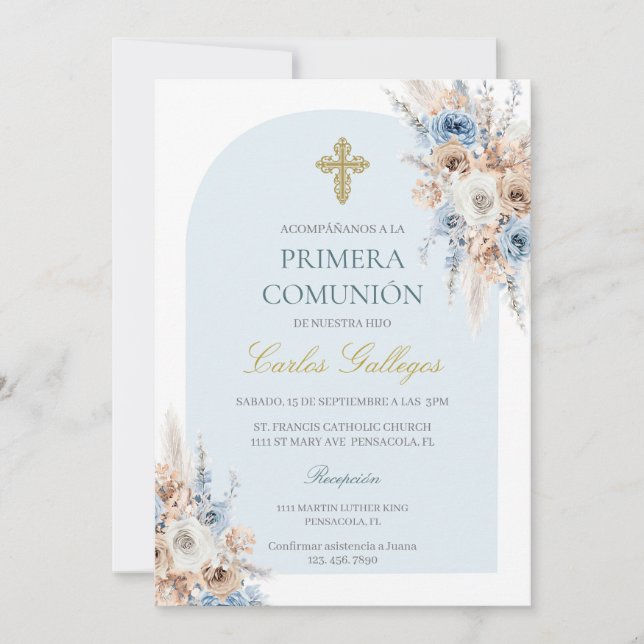 Light blue boho floral first communion   invitation (Front)