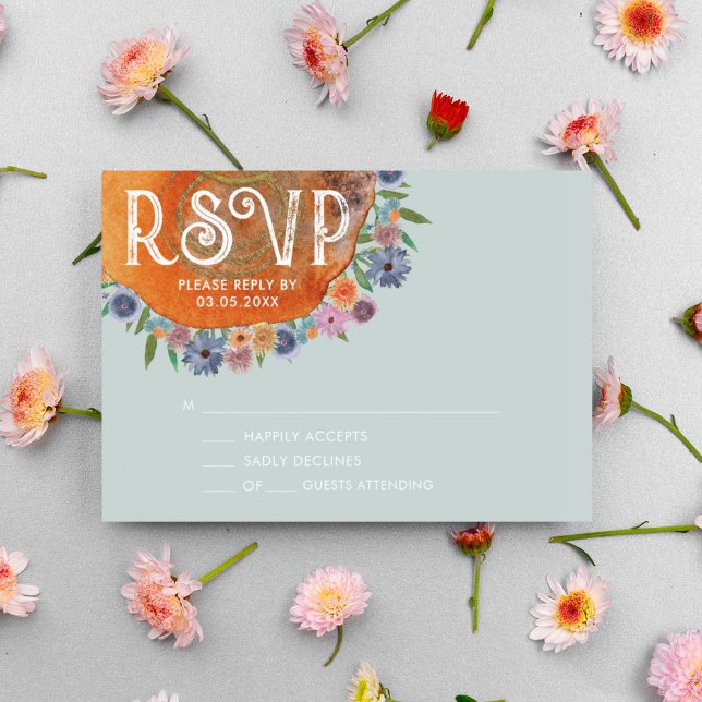 Light Blue Boho Watercolor Wildflower Wedding RSVP Card (Front)
