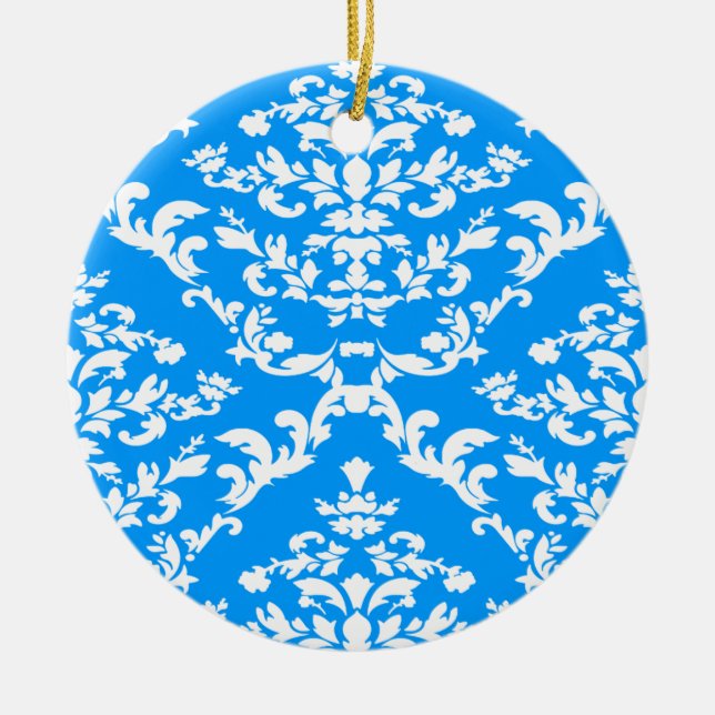 Light Blue Bold Damask at Emporiomoffa Ceramic Tree Decoration (Front)