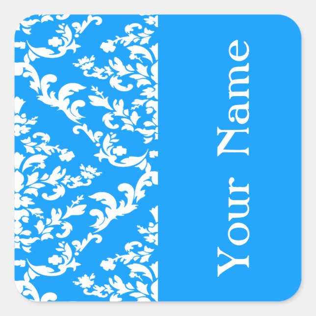Light Blue Bold Damask at Emporiomoffa with name Square Sticker (Front)