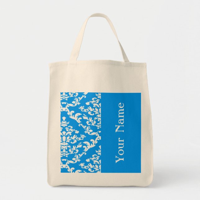 Light Blue Bold Damask w/ name @ Emporiomoffa Tote Bag (Front)