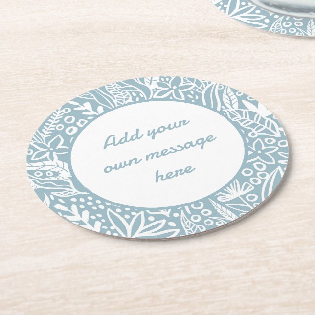 Light Blue Botanical Floral Custom Text Round Paper Coaster (Angled)