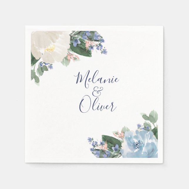 Light Blue Botanical Floral Wedding Napkins (Front)