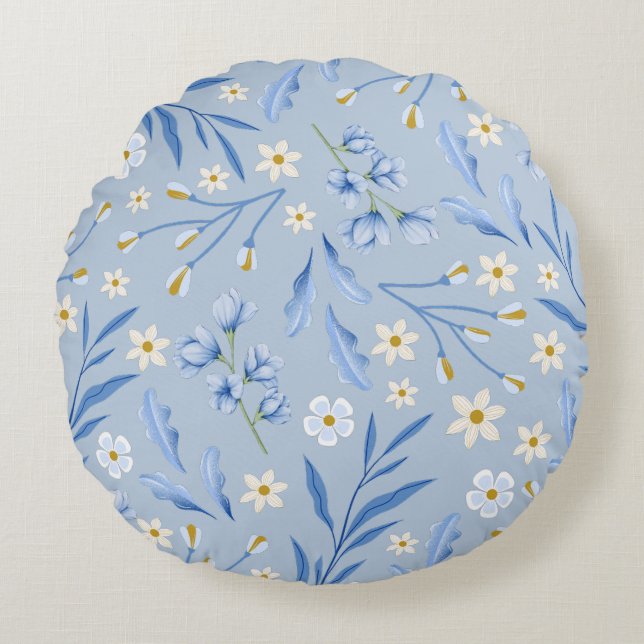 Light Blue Botanical Round Pillow (Front)