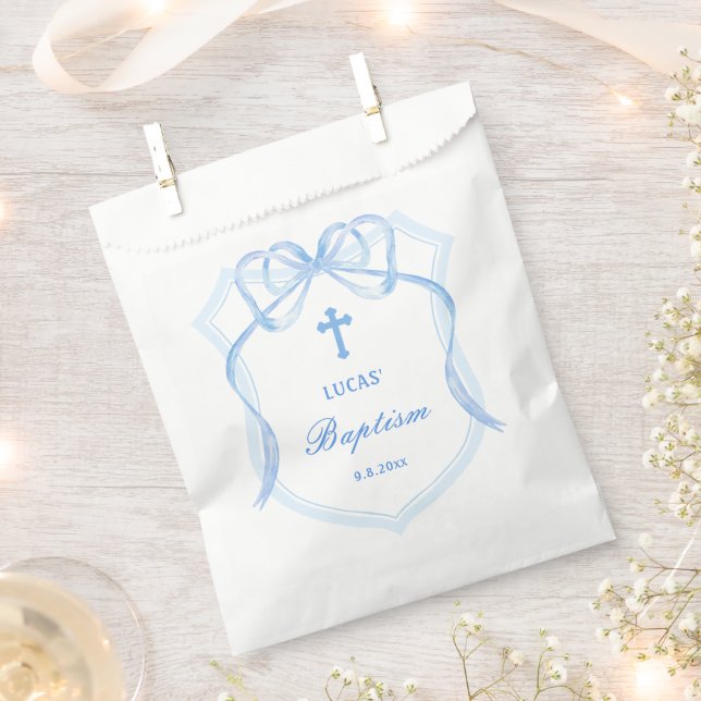 Light Blue Bow Crest Baptism Favour Bags (Clipped)