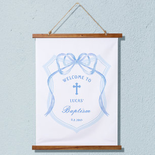 Light Blue Bow Crest Baptism Welcome Hanging Tapestry