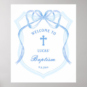 Light Blue Bow Crest Baptism Welcome Poster