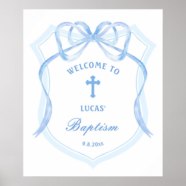Light Blue Bow Crest Baptism Welcome Poster (Front)