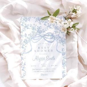 Light Blue Bow Toile and Bow Baby Shower Invitation
