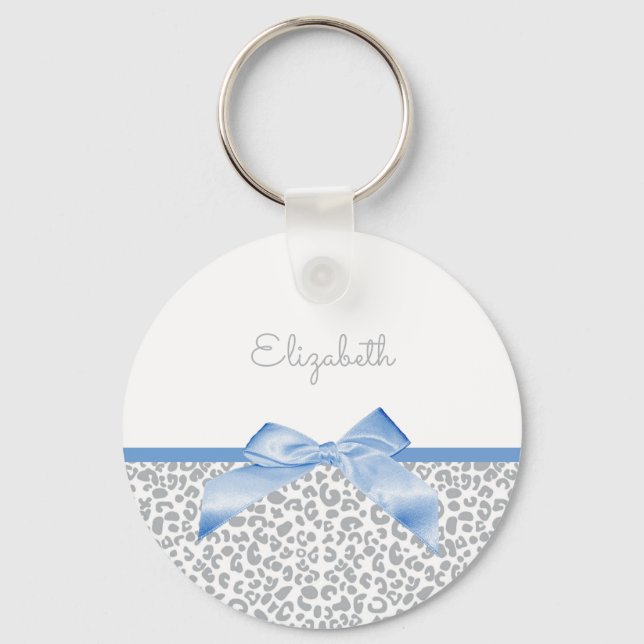 Light Blue Bow With Trendy Leopard Print and Name Key Ring (Front)