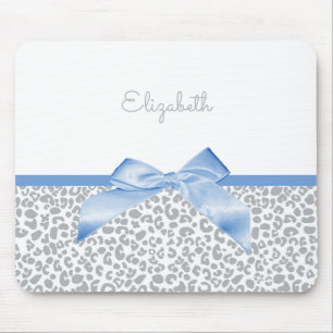 Light Blue Bow With Trendy Leopard Print and Name Mouse Mat