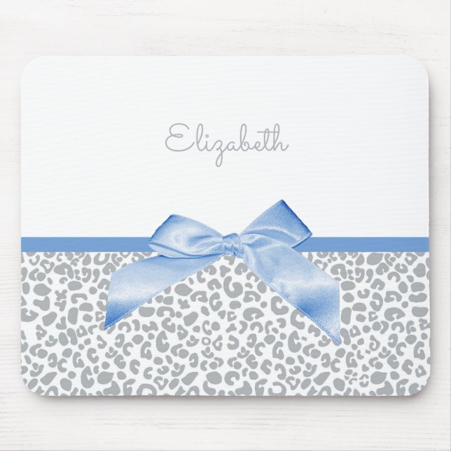 Light Blue Bow With Trendy Leopard Print and Name Mouse Mat (Front)