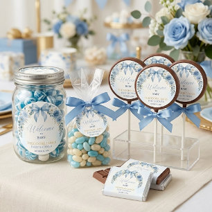 Light Blue Boy Baby Shower Floral Ribbon Bow Classic Round Sticker