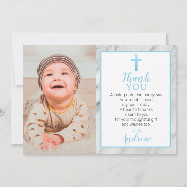 Light Blue Boy Marble Baptism Photo Thank You Card (Front)