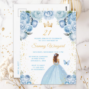 Light Blue Brown Hair Princess Birthday Party Postcard