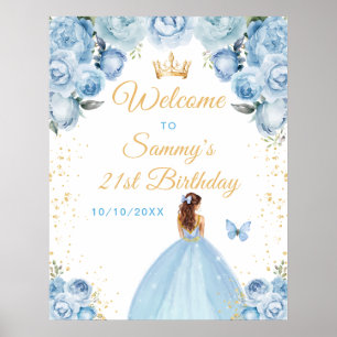 Light Blue Brown Hair Princess Birthday Welcome Poster