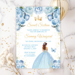 Light Blue Brown Hair Princess Sweet Sixteen Invitation<br><div class="desc">This elegant and glamourous sweet sixteen birthday invitation features a beautiful princess with brown hair in a light blue ball gown. The text combines handwritten script and modern sans serif fonts for a classy and sophisticated look. The floral arrangements, butterfly and gold confetti create the perfect blend of rustic and...</div>