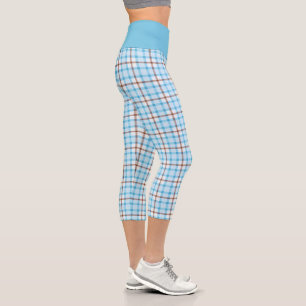 Light Blue Brown White Plaid Pattern Tartan Fabric Capri Leggings