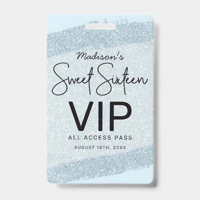 Light Blue Brush Glitter Sweet 16 Invitation VIP ID Badge (Front)