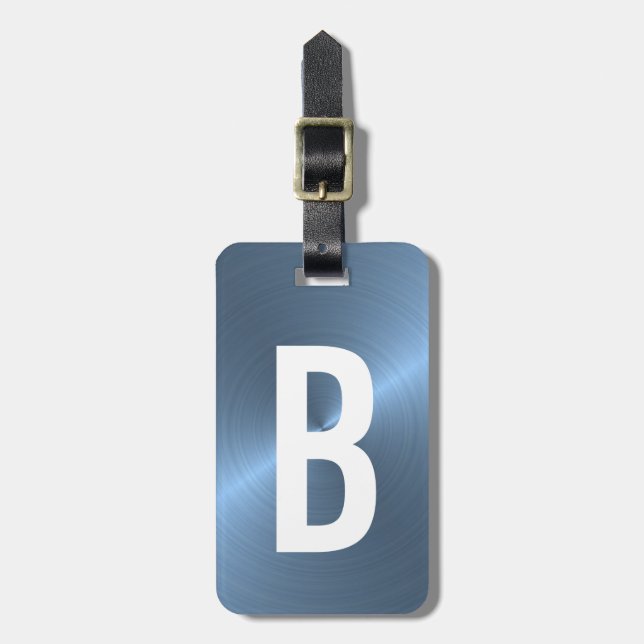 light Blue Brushed Metallic Monogram Initial Luggage Tag (Front Vertical)